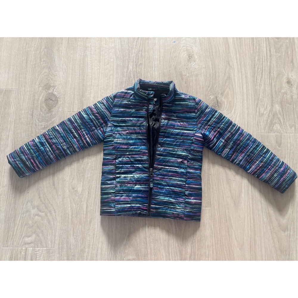 Lands End Puffer Jacket Kids Size L Blue Striped Quilted Zip Outdoor Winter Play